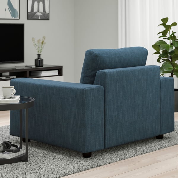 VIMLE armchair, with wide armrests/Hillared dark blue, 115x83x98 cm