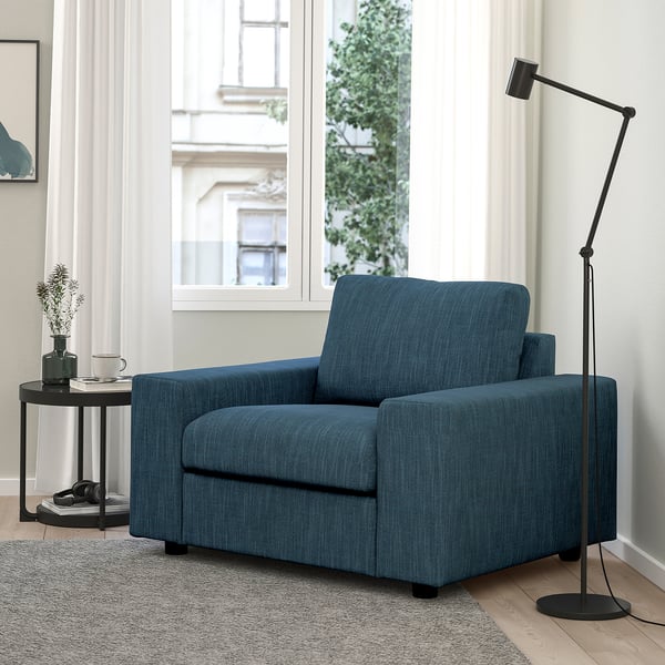 VIMLE armchair, with wide armrests/Hillared dark blue, 115x83x98 cm