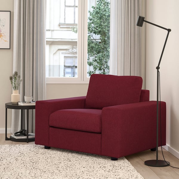 VIMLE armchair, with wide armrests/Lejde red/brown, 115x83x98 cm