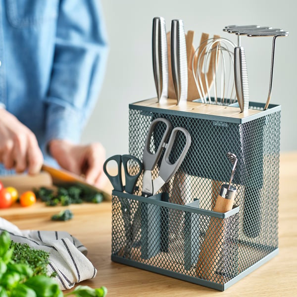VIMPELFISK knife block, bamboo/grey-turquoise, 18x16 cm
