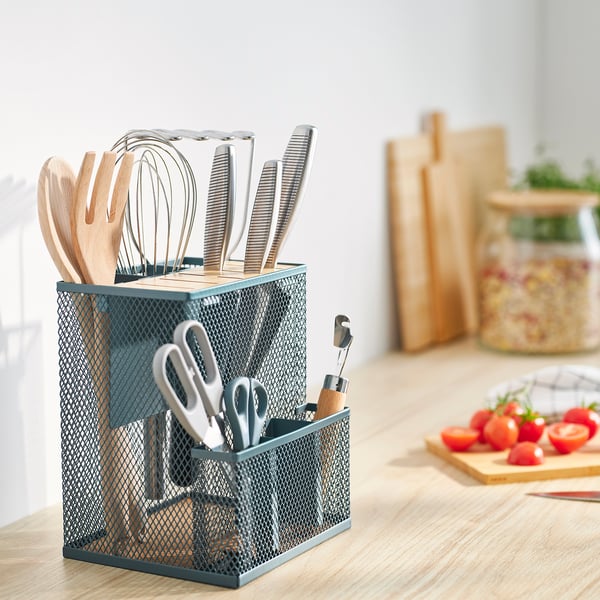 VIMPELFISK knife block, bamboo/grey-turquoise, 18x16 cm