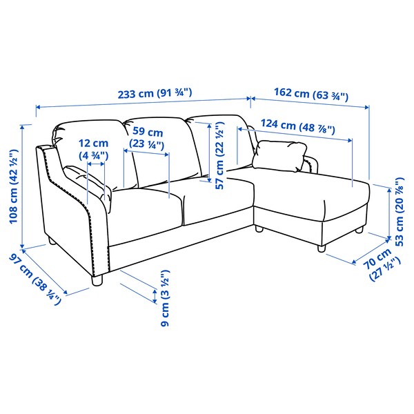 VINLIDEN - 3-seater sofa with chaise-longue, Hakebo dark grey ,