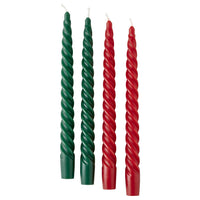 VINTERFINT unscented taper candle, twisted red/green, 25 cm, 4 pack