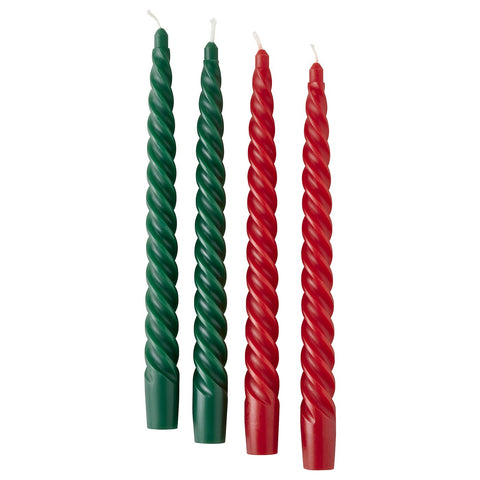 VINTERFINT unscented taper candle, twisted red/green, 25 cm, 4 pack