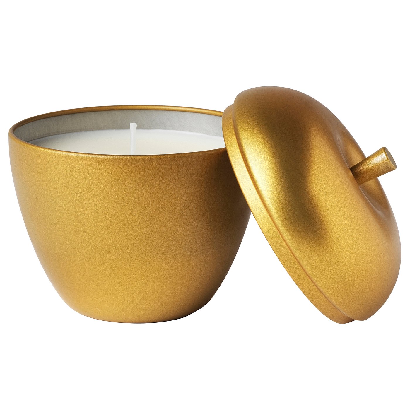 VINTERFINT scented candle in metal tin, apple-shaped/Apple and cinnamon gold-colour, 8 cm