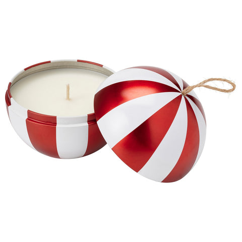 VINTERFINT scented candle in metal tin, bauble/Spiced delight red/white, 28 hr