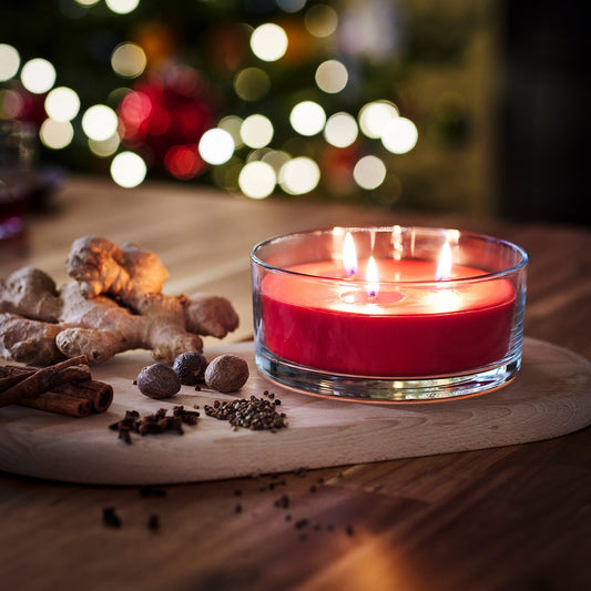 VINTERFINT scented candle in glass, 3 wicks, Spiced delight/red, 25 hr