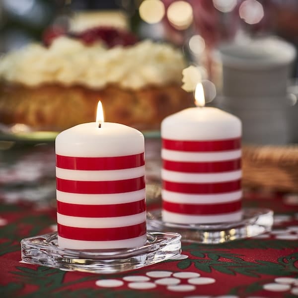 Ikea VINTERFINT - Unscented pillar candle, stripe pattern red/white, 10 cm