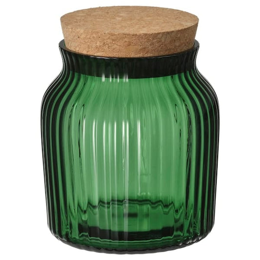 Ikea VINTERFINT - Jar with lid, cork/glass green, 15 cm