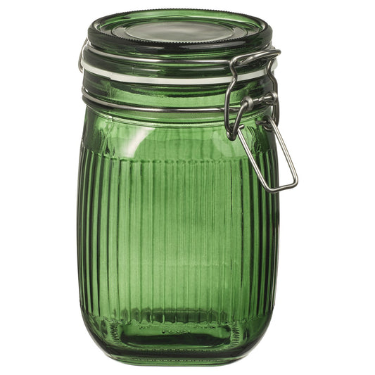 VINTERFINT jar with lid, glass green, 11x11 cm