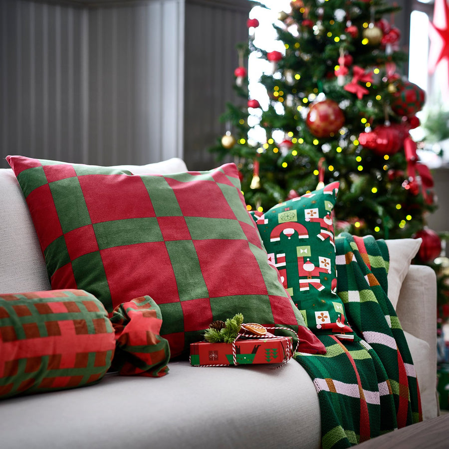 VINTERFINT cushion cover, check pattern red/dark green, 65x65 cm