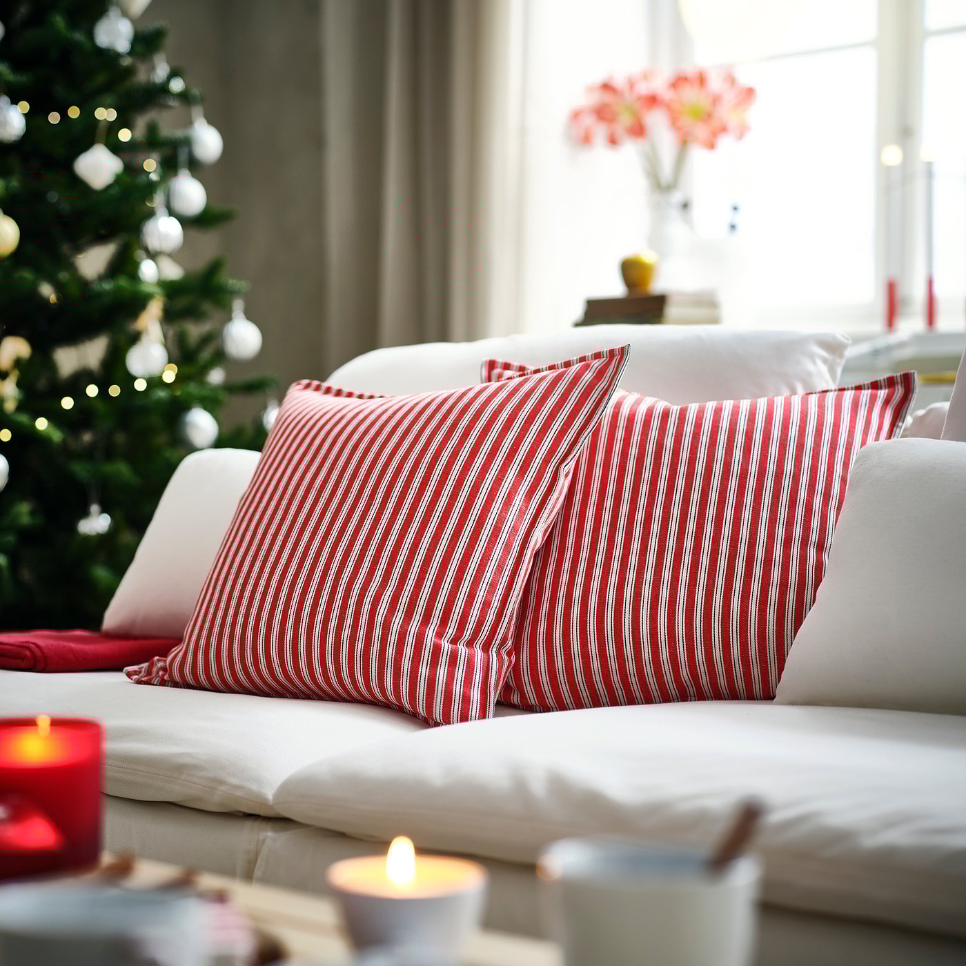 VINTERFINT cushion cover, striped red/white, 50x50 cm