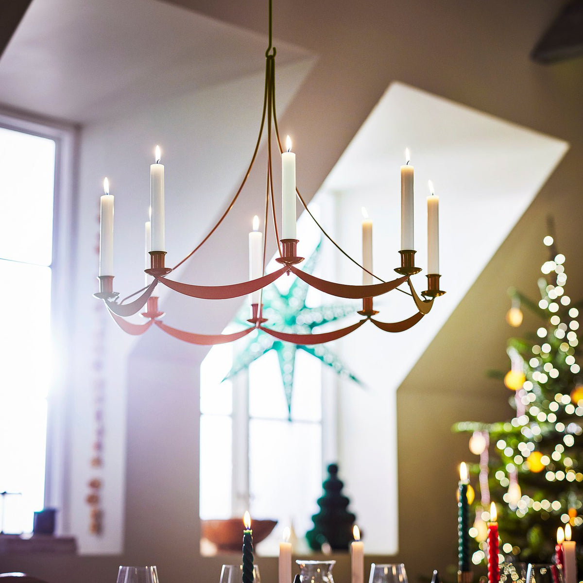 VINTERFINT chandelier, for 8 candles red, 64 cm
