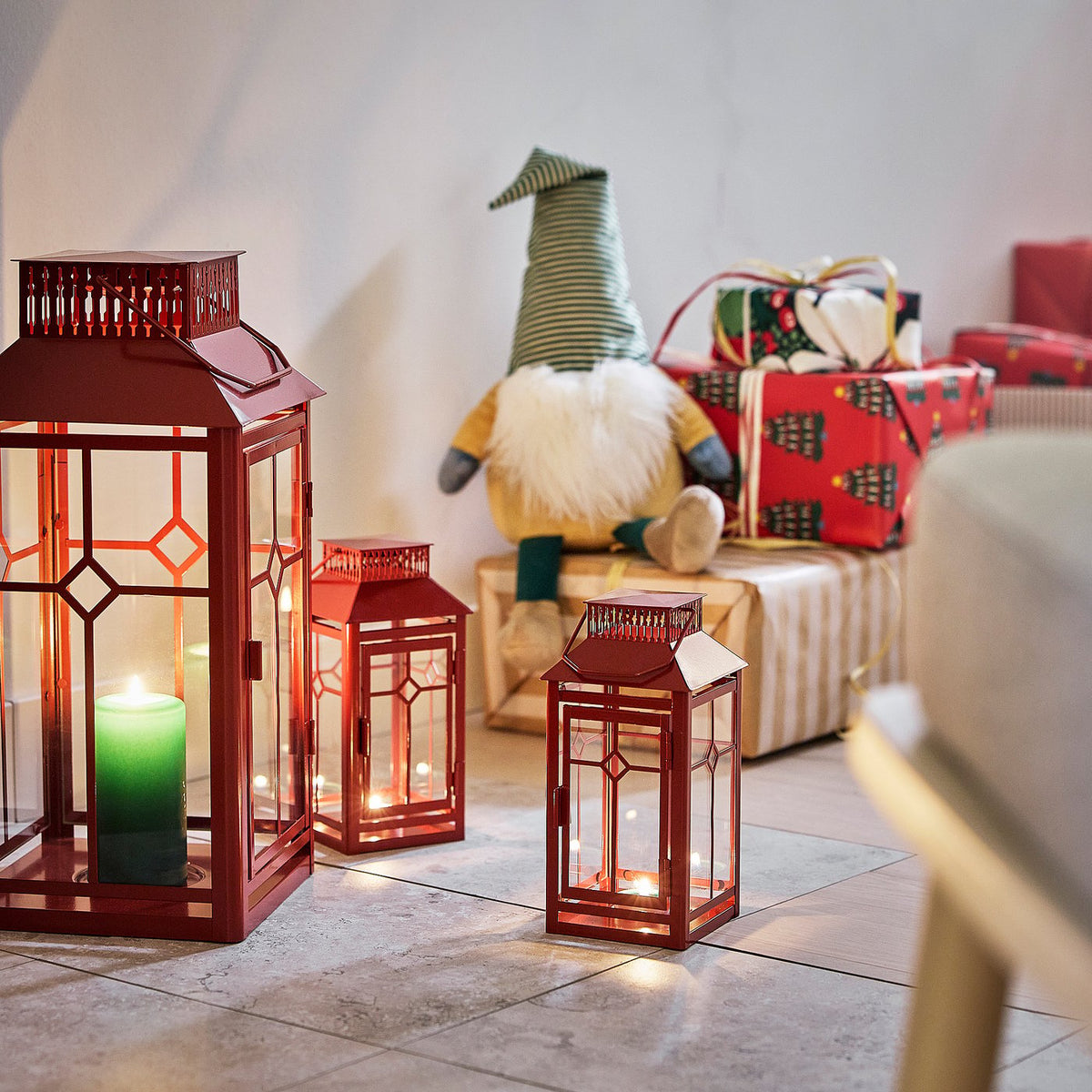 VINTERFINT lantern for pillar candle, in/out, red, 44 cm
