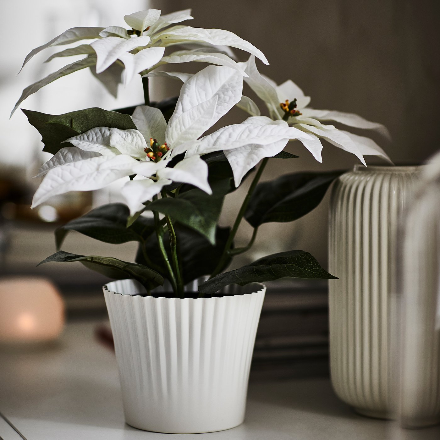 VINTERFINT artificial potted plant, in/outdoor Poinsettia/white, 12 cm