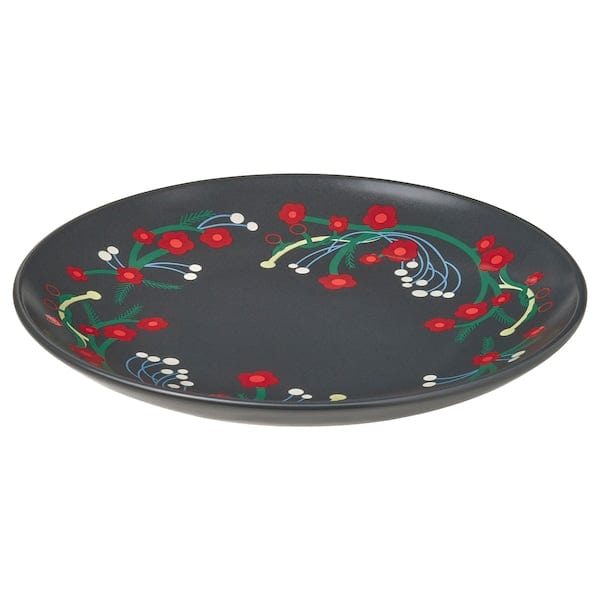 Ikea VINTERFINT - Side plate, flower pattern dark grey, 20 cm