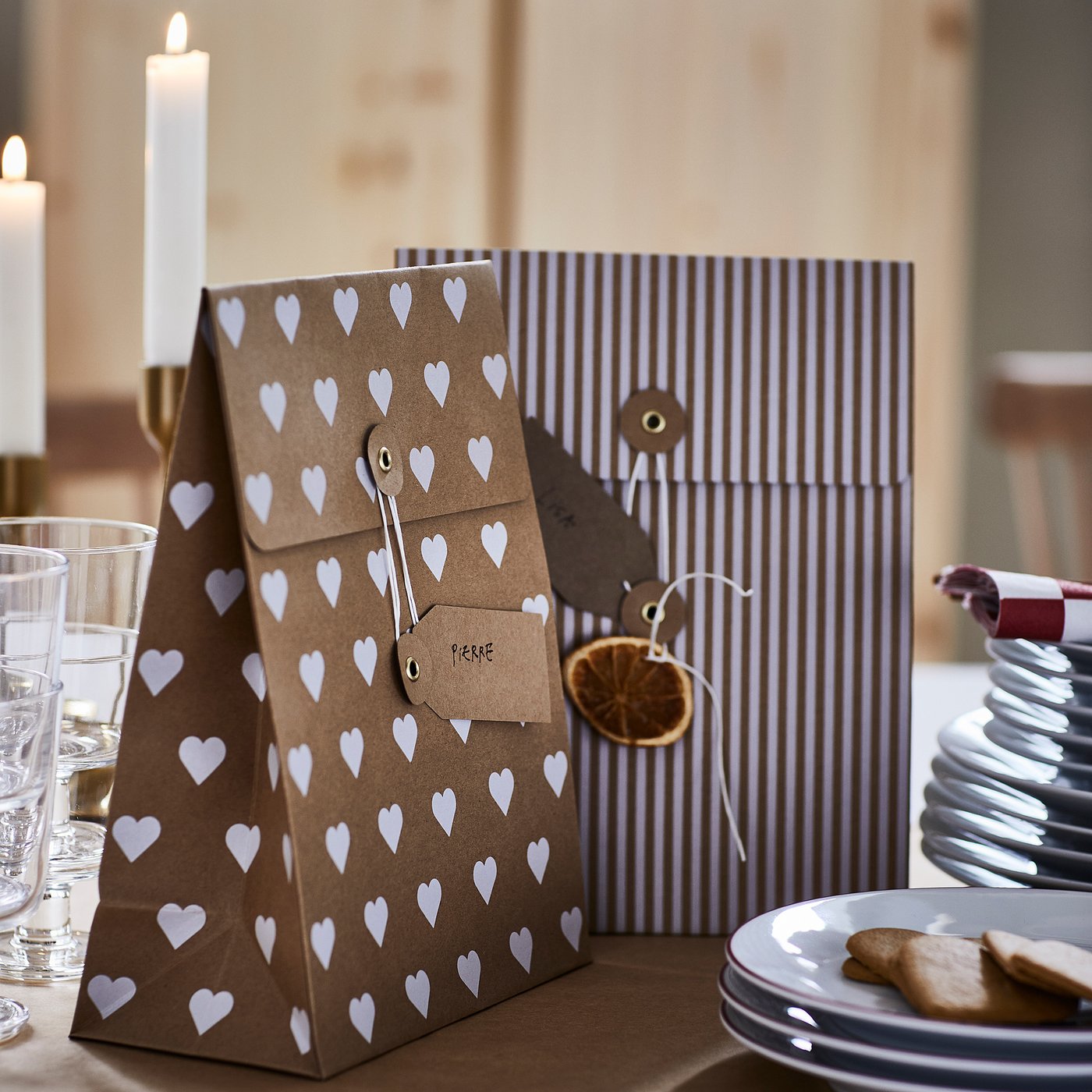 VINTERFINT gift bag, mixed patterns brown, 10x20 cm