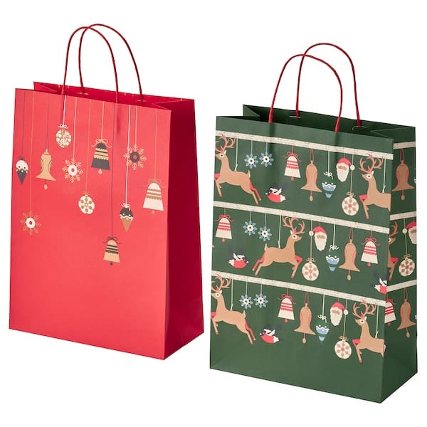 Ikea VINTERFINT - Gift bag, mixed patterns red/green, 26x35 cm