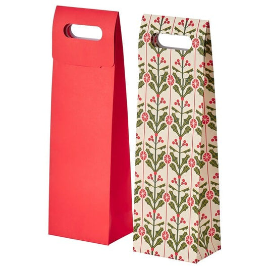 Ikea VINTERFINT - Gift bag for bottle, mixed patterns off-white/red, 13x41 cm