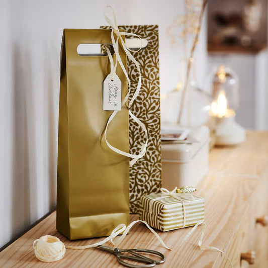 VINTERFINT gift bag for bottle, mixed patterns/gold-colour, 13x41 cm, 2 pack