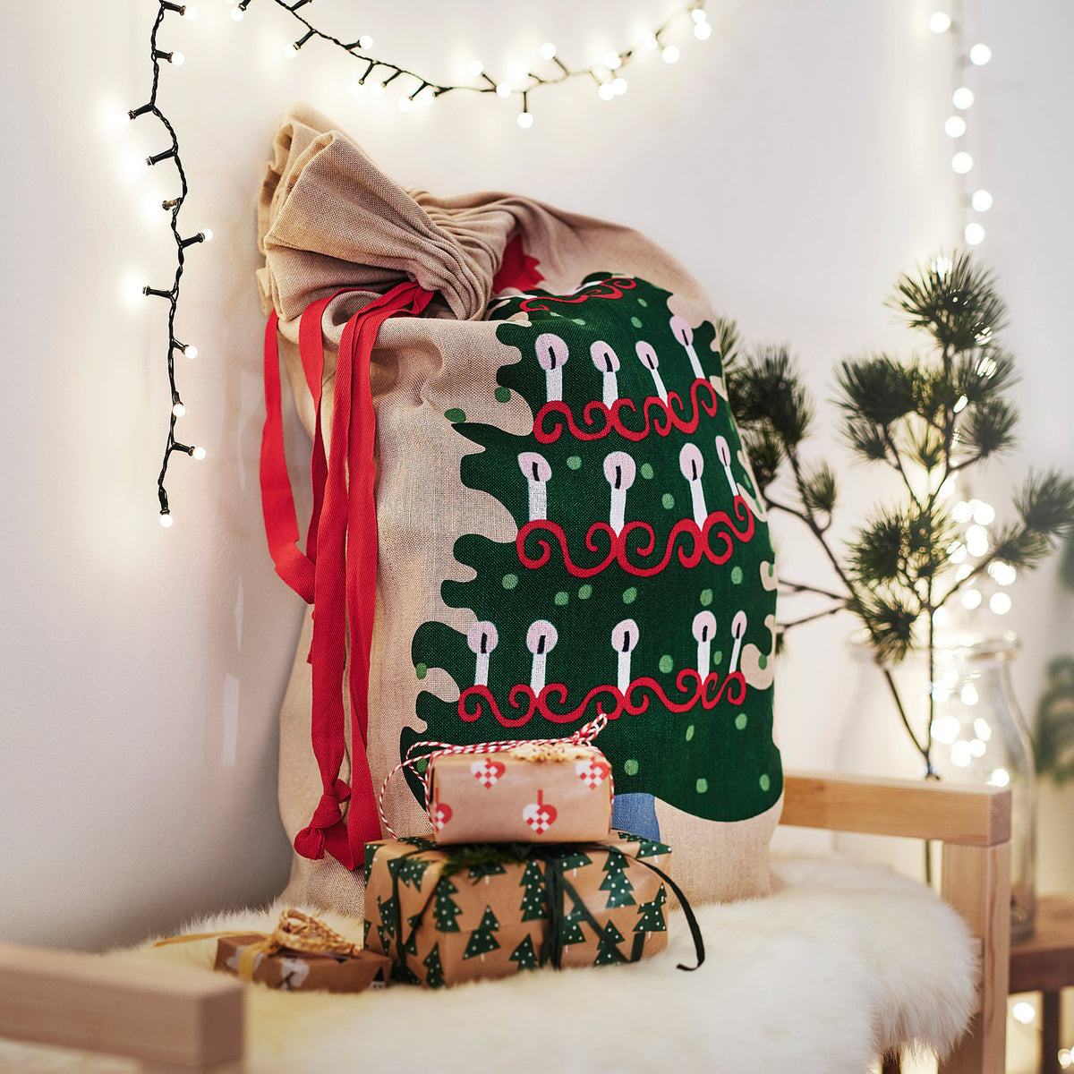VINTERFINT sack with string, Christmas pattern, 90x56 cm