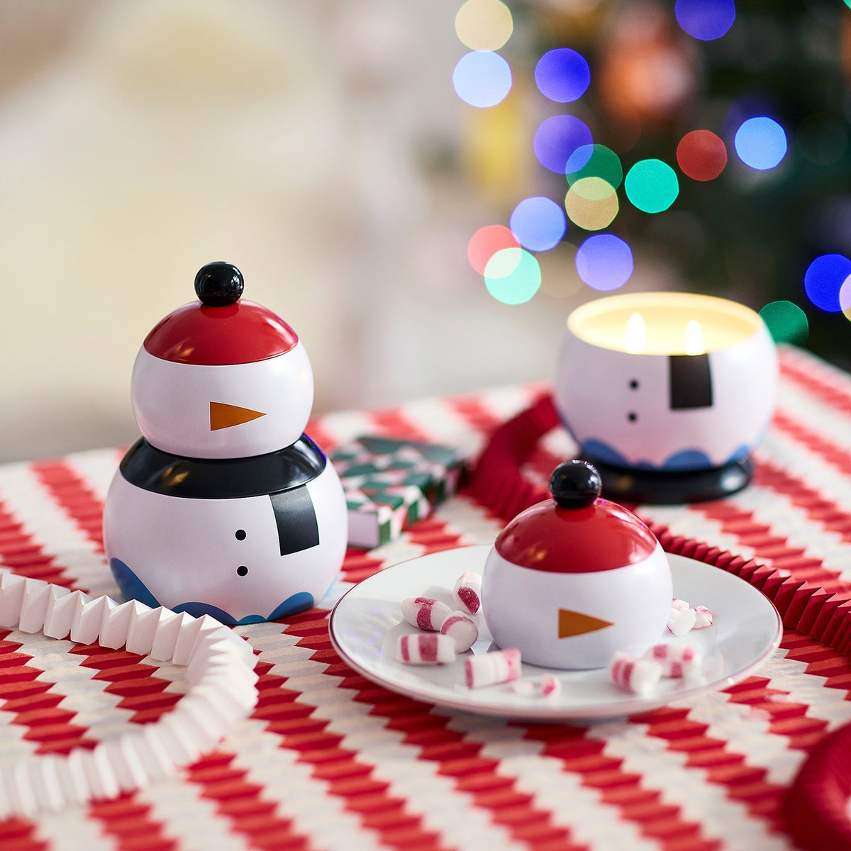 VINTERFINT scented candle in tin, set of 2, snowman candy cane/white, 11.5 cm