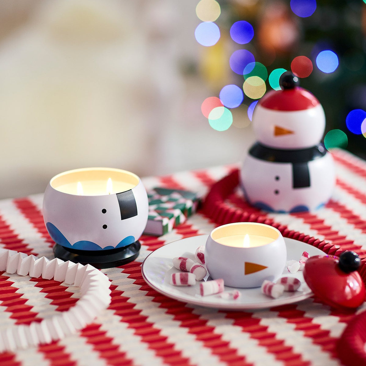 VINTERFINT scented candle in tin, set of 2, snowman candy cane/white, 11.5 cm
