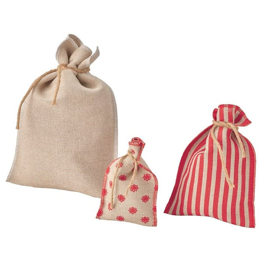 Ikea VINTERFINT - Gift bag, set of 3, mixed patterns/jute red