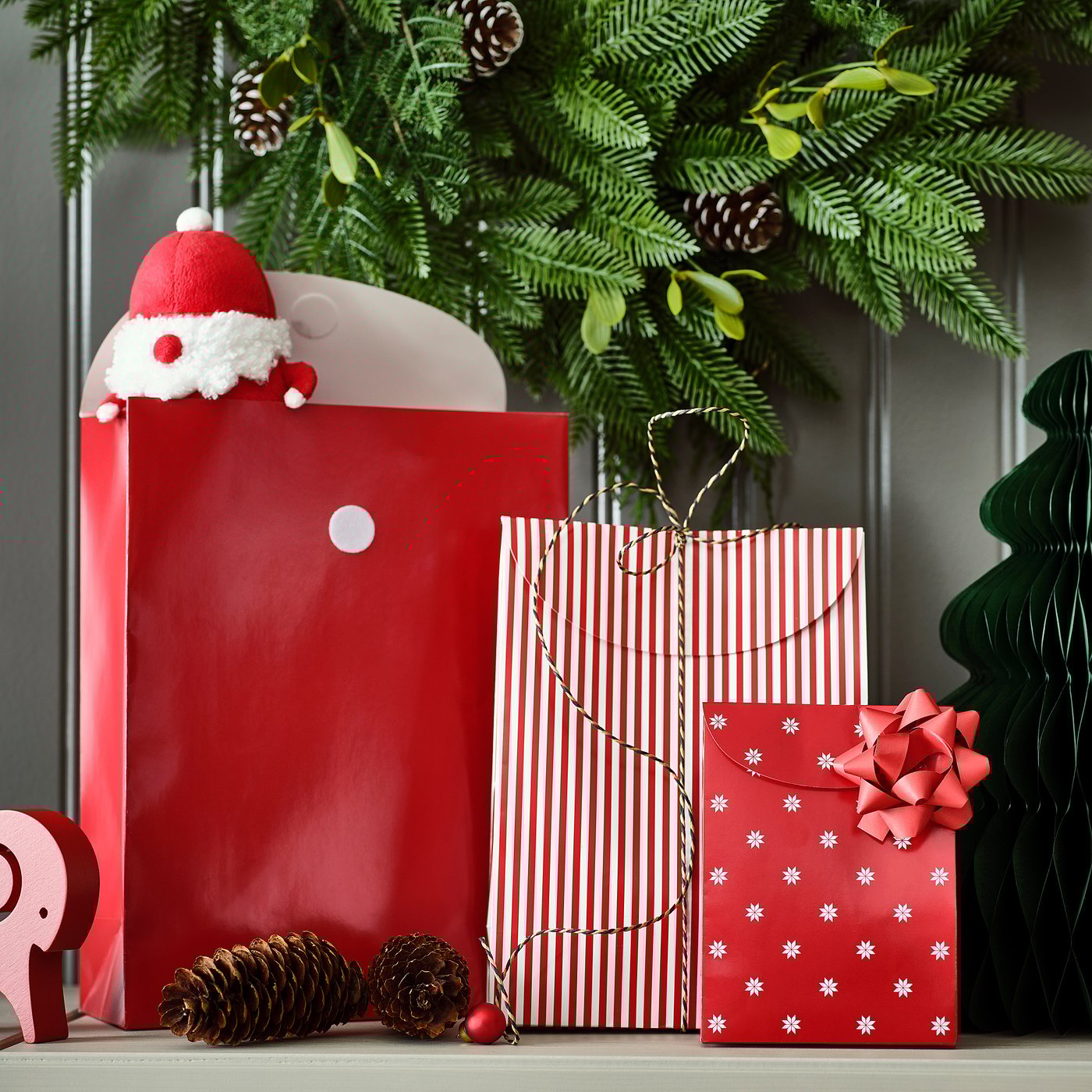VINTERFINT gift bag, set of 3, mixed patterns red