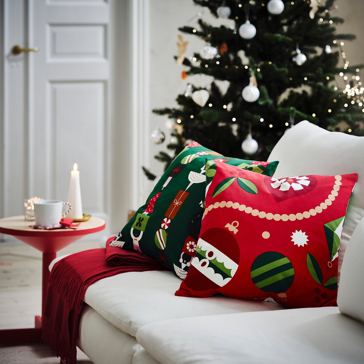 VINTERFINT pre-cut fabric, Christmas bauble patterned red, 300x150 cm