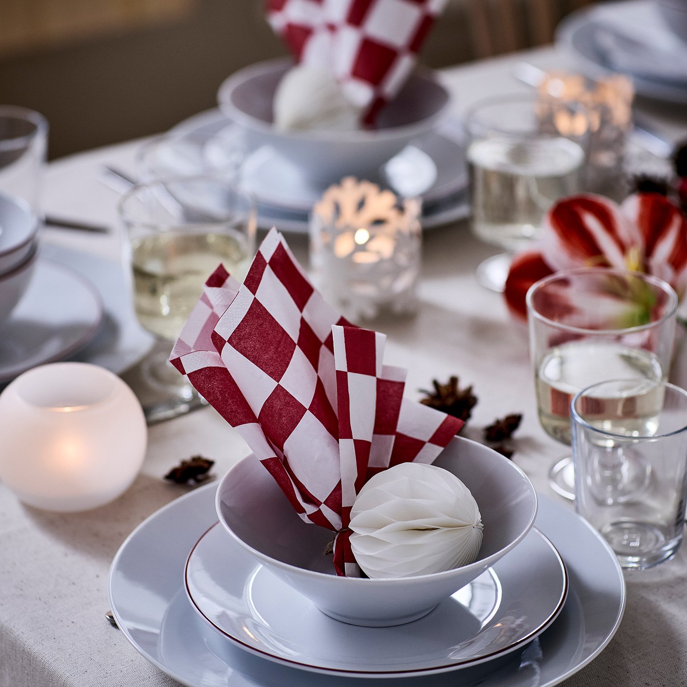 VINTERFINT paper napkin, check pattern white/red, 33x33 cm