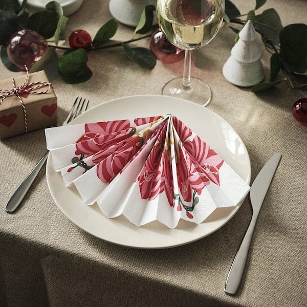 Ikea VINTERFINT - Paper napkin, Amaryllis white/pink, 33x33 cm