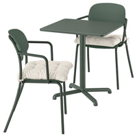 VISINGSÖ / VISINGSÖ table and 2 chairs, outdoor deep green/deep green Kuddarna light grey-beige, 70x70 cm