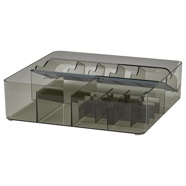 VISSLAÅN box with compartments, grey, 32x31x9 cm
