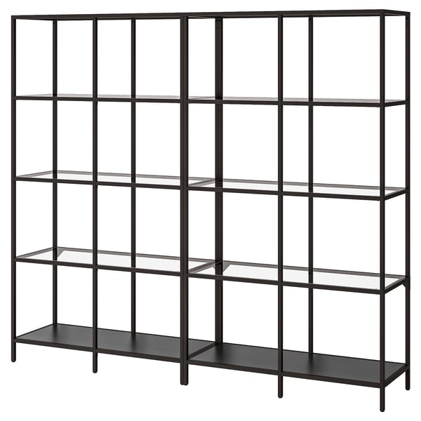 VITTSJÖ storage combination, black-brown/glass, 200x36x175 cm