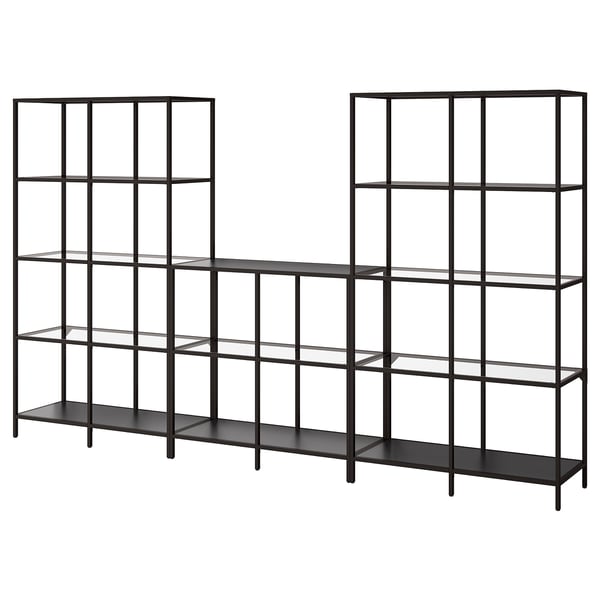 VITTSJÖ storage combination, black-brown/glass, 300x36x175 cm