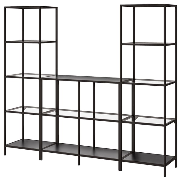 VITTSJÖ storage combination, black-brown/glass, 202x36x175 cm