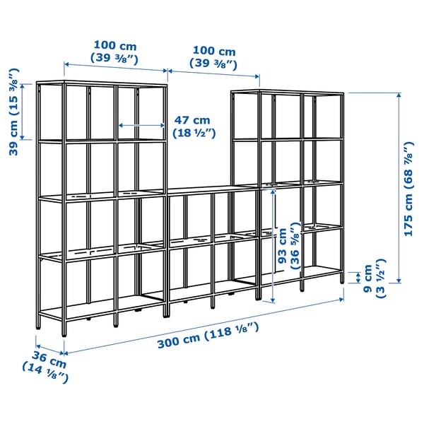 VITTSJÖ storage combination, black-brown/glass, 300x36x175 cm
