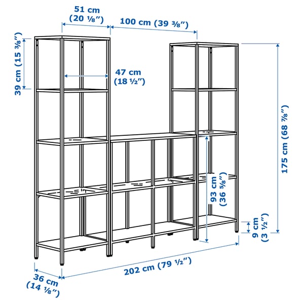 VITTSJÖ storage combination, black-brown/glass, 202x36x175 cm
