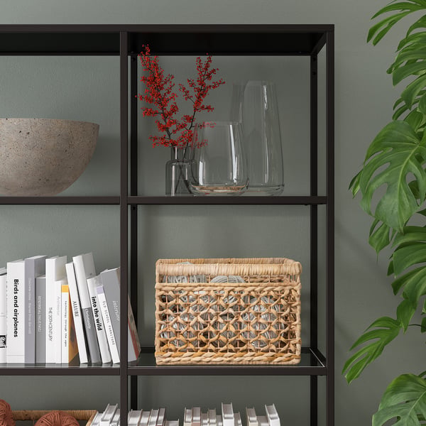 VITTSJÖ storage combination, black-brown/glass, 200x36x175 cm