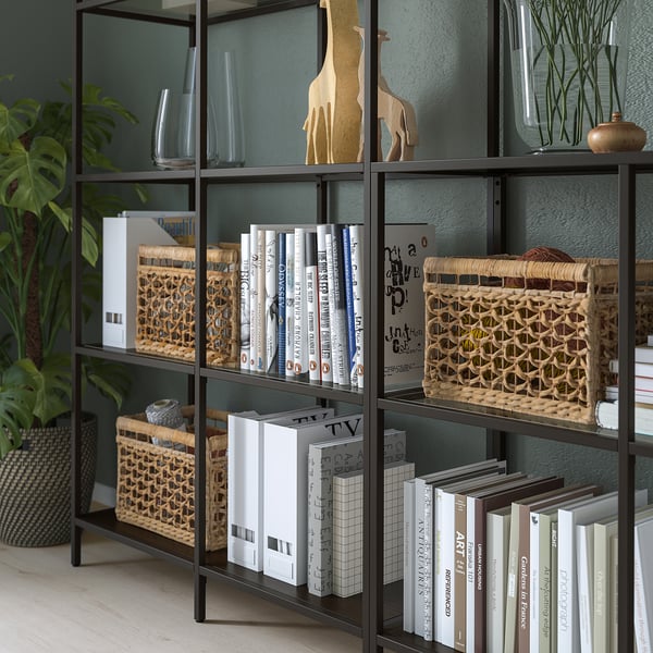 VITTSJÖ storage combination, black-brown/glass, 300x36x175 cm