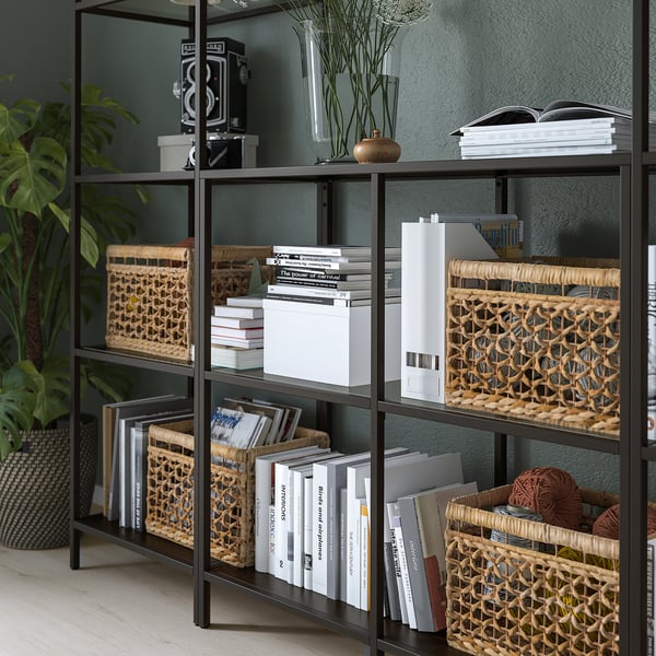 VITTSJÖ storage combination, black-brown/glass, 202x36x175 cm
