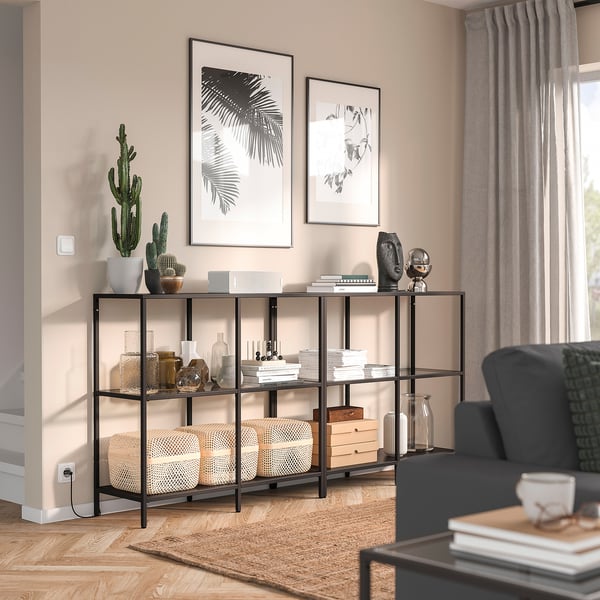 VITTSJÖ storage combination, black-brown/glass, 200x36x93 cm