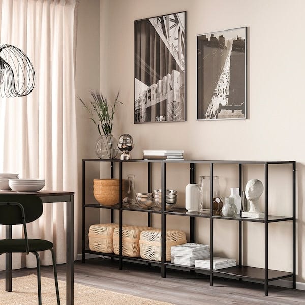 Ikea VITTSJÖ - Storage combination, black-brown/glass, 200x36x93 cm