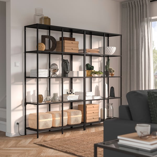 VITTSJÖ storage combination, black-brown/glass, 200x36x175 cm
