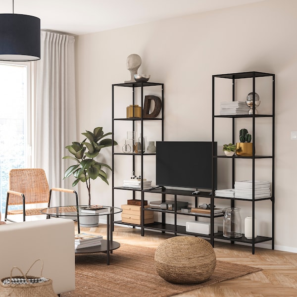 VITTSJÖ - TV storage combination, black-brown/glass, 202x36x175 cm