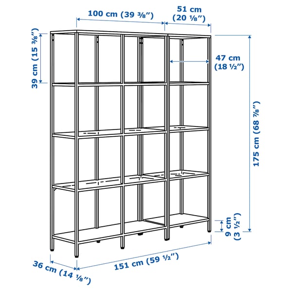 VITTSJÖ - Sectional shelf unit, white/glass, 151x36x175 cm