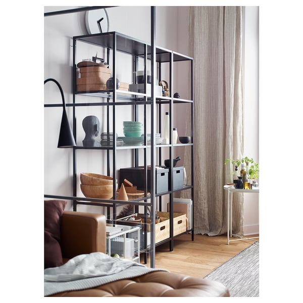 VITTSJÖ storage combination, black-brown/glass, 151x36x175 cm