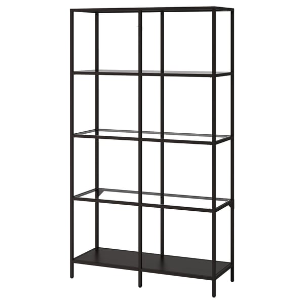 VITTSJÖ shelving unit, black-brown/glass, 100x175 cm