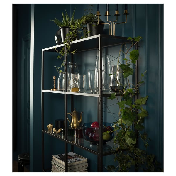 VITTSJÖ shelving unit, black-brown/glass, 100x175 cm